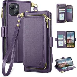 DJBEAR for iPhone 13 6.1" Wallet Case for Men & Women, All-in-One Flip Folio Cover with 9 Card Slots, Zipper Pocket, Detachable Wrist Strap, Full Body Protection for Apple 13 Dark Purple
