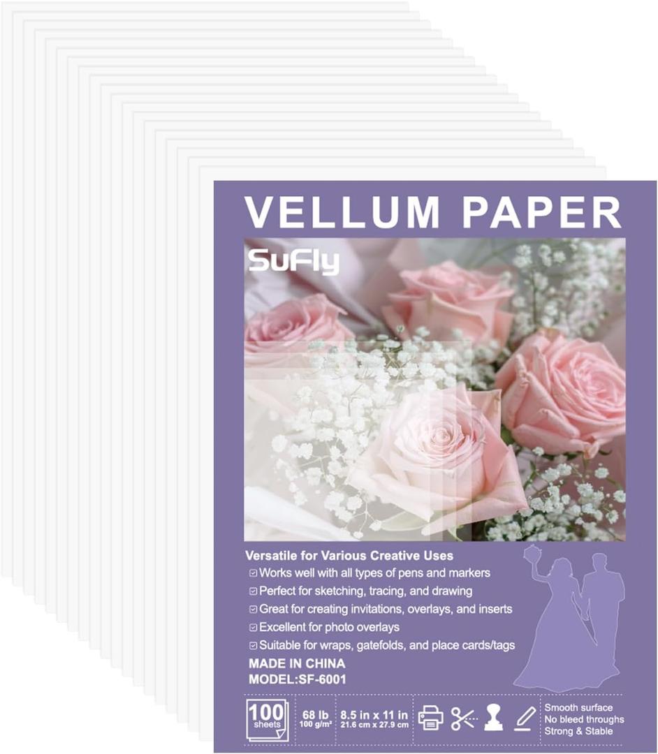 Vellum Paper 8.5 x 11 Translucent Printable, 100 Sheet100gsm/68lb Vellum Tracing Paper, Translucent Vellum Paper for Invitation, Greeting Cards, Tracing Paper Pad for Drawing, Sketching, Writing