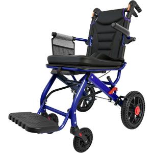 Ultra Lightweight Folding Wheelchair for Seniors & Adults, Portable Transport Chair, 12" PU Rear Wheels, Supports 300lbs, Compact for Daily Use & Travel, Blue