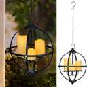 Battery Operated Outdoor Candle Chandelier - Black Metal Globe Hanging Pendant Light with 3 Flameless Candles, 12.6" Waterproof Lights for Gazebo, Pergola, Garden, Porch & Backyard