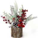Small Christmas Tree Tabletop Artificial Mini Christmas Tree Decorations with Holiday Ornaments Red Berry Pine Cone Greenery for Home Indoor Fireplace Mantel Xmas Decor (Tree Stump-Red)