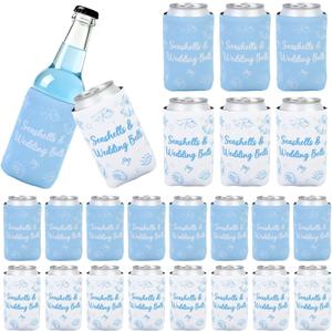 Serencatcher Seashells and Wedding Bells Can Cooler, 24PCS Beach Wedding Neoprene Can Coolers with 2 Styles Seashells & Wedding Bells Decor for Coastal Bachelorette Party Bridal Shower Favors Gifts