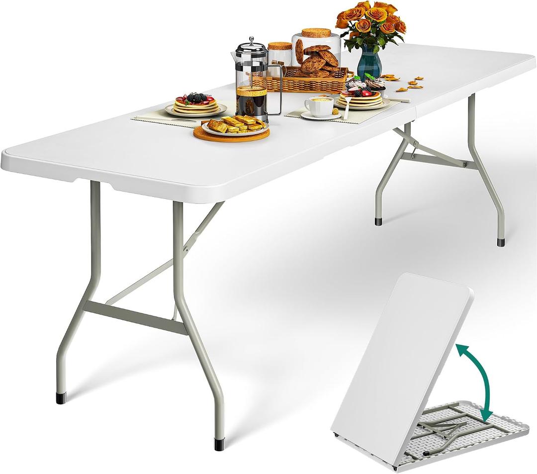 YITAHOME 8FT Folding Tables, Heavy Duty Folding Table with Carrying Handle, Plastic Fold up Table for Outdoor Camping Picnic Parties/Indoor Events, White