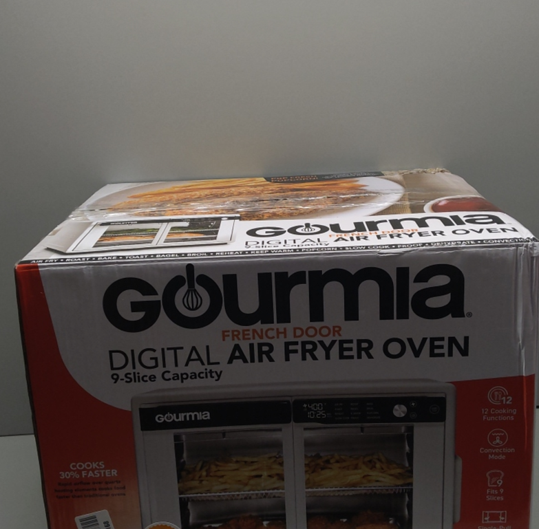 Gourmia French Door Air Fryer Oven - 37 Qt Large Capacity Convection Toaster Oven, FryForce 360°, Digital Display, 12 Cooking Presets, Dehydrate, Fits 13” Pizza, Dishwasher-Safe, White