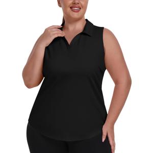MoFiz Women's Plus Size Sleeveless Golf Polo Shirt Racerback V-Neck Pickleball Golf Tops Summer Workout Collared Tennis Tops Black 5XL