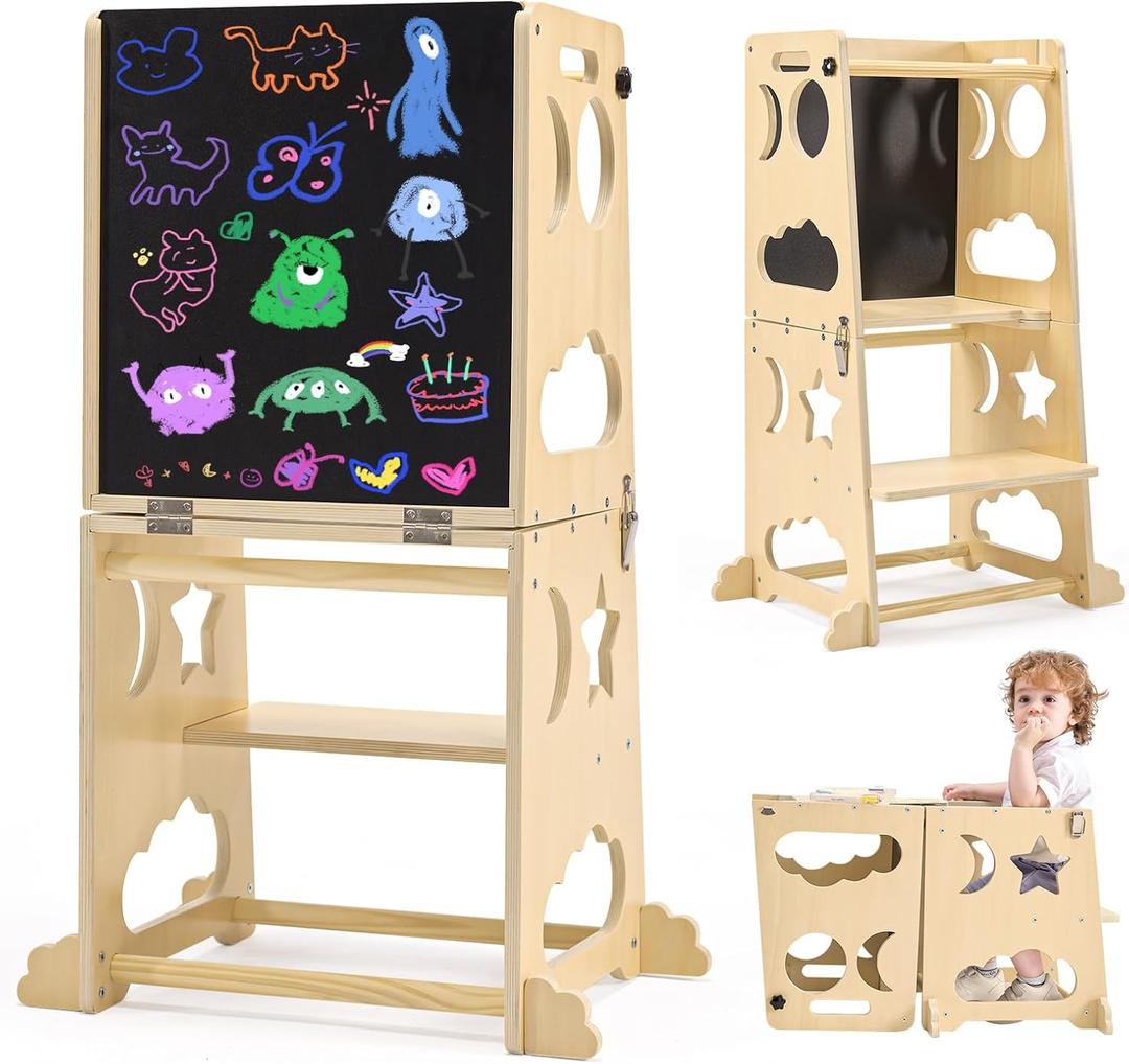Toddler Kitchen Stool Helper, 4 in 1 Toddler Standing Tower Collapsible Kids Step Stool, Child Standing Tower for Toddlers 1-3 with Safety Rails (Natural)
