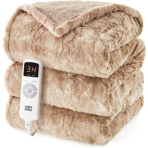 EHEYCIGA Electric Heated Blanket Throw Faux Fur, 10 Hours Auto Shut Off 9 Heating Levels Heating Blanket Throw, Soft Warm Heated Blanket Fast Heating Camel, Faux Fur & Sherpa