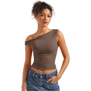 SUUKSESS Women Off Shoulder Tops Sleeveless Shirts Y2K Going Out Crop Tank Top (Small, Brown)