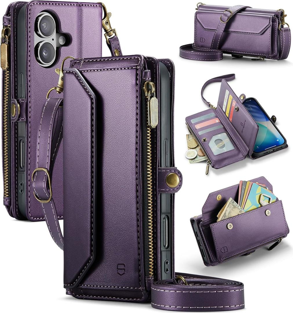 Wallet Case Compatible with iPhone 17 6.3" RFID Blocking 9-Card Holder Soft PU Leather Magnetic Snap Shoulder Strap Zipper Pocket Phone Case Fit for iPhone 17 for Women - Purple