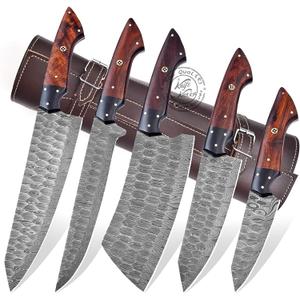 Damascus Steel Professional Kitchen Knife Set of 5 Pcs With sheath, Chef knife set, Utility Chef Knife Set, Kitchen Gadgets, Kitchen Gifts, Viking Kitchen Knife For Men, Mothers day gifts (Wood)