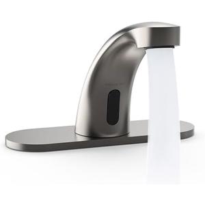 PRIMSOPH Automatic Motion Sensor Hands Free Electronic Infrared Smart Commercial Touchless Bathroom Sink Faucet with Cover Plate Temperature Mixer Battery or Plug-in Powered Brushed Nickel