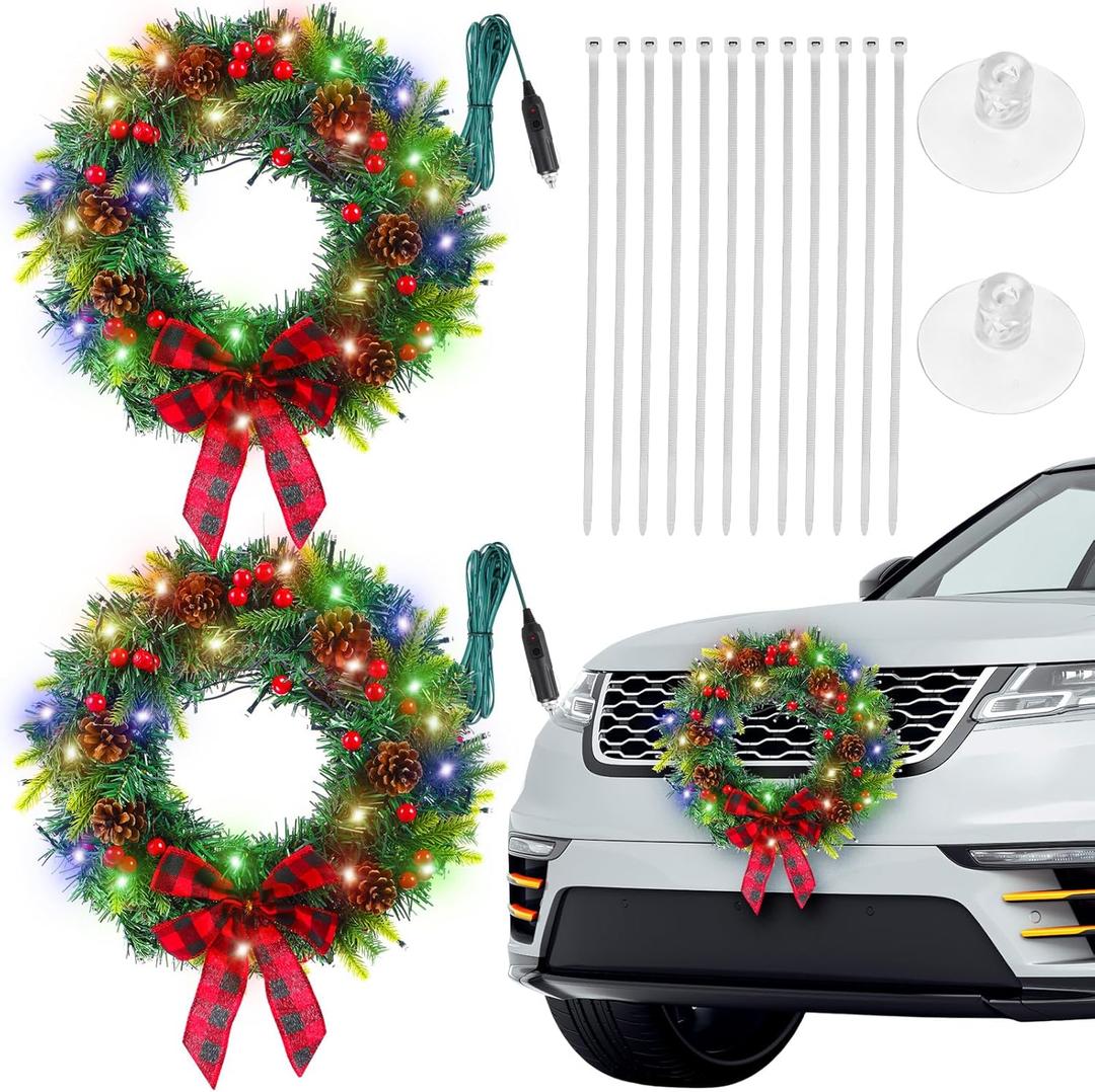 Riceshoot 2 Pack 12V LED Christmas Car Wreath with Red Bow 13 Inch Artificial Lighted up Wreath for Car Front Grill Plug in Lighting for Xmas Hanging Decoration (Color Light Berry)