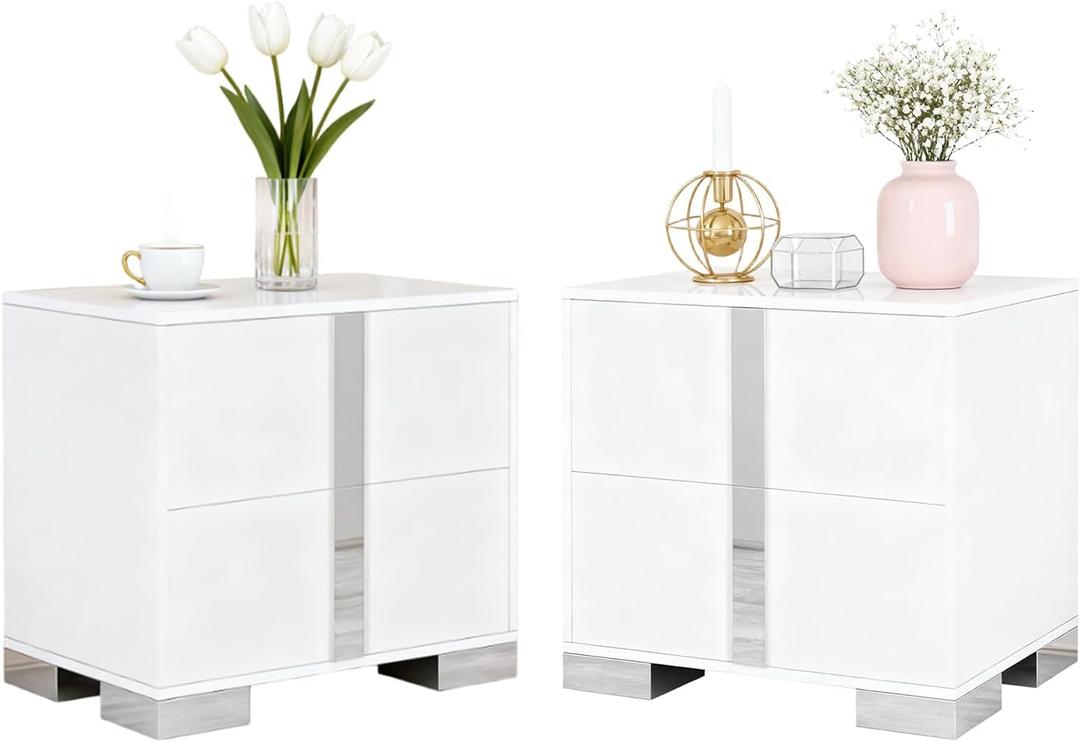 Modern White Nightstand Set of 2 for Bedroom, Elegant 2 Drawer Nightstand with Silver Mirrored Handle and Base, Wood End Table Sofa Side Table for Living Room Bedroom (White)