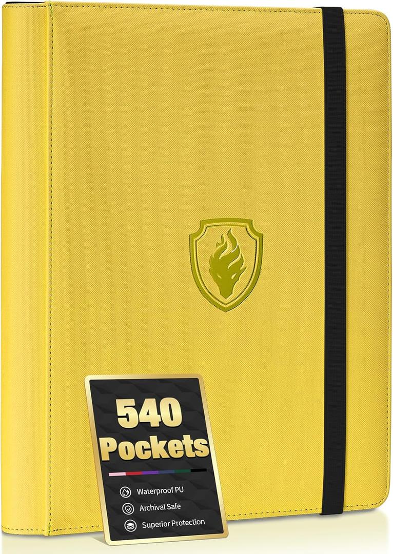 Premium 9 Pocket Card Binder for 540 Cards, Fabmaker PU Cover Trading Card Binder, Sturdy Card Collection Album, Sleek Card Holder Folders for Game Cards & Sports Cards, Yellow