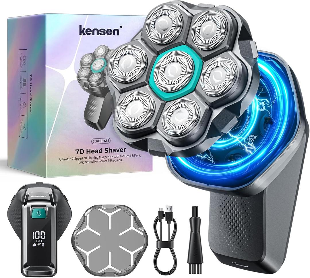 7D Head Shavers for Bald Men - kensen Upgrade 7D Head Shavers, Ergonomic Comfort-Grip Handle with 2 Speed Settings Long Battery Life Bald Razor IPX6 Waterproof Wet/Dry Shaving LED Display