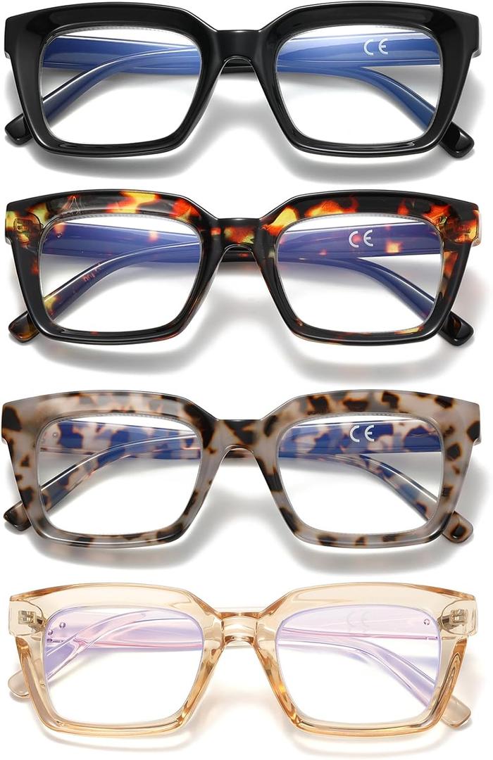 Oversized Reading Glasses for Women, 4 Pack Oprah Style Square Blue Light Blocking Computer Readers for Women