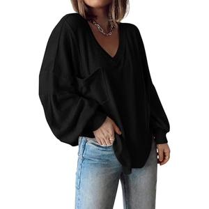 BTFBM Womens Fall Fashion 2025 Long Sleeve Shirts Casual V Neck Ribbed Knit Blouses Pullover Trendy Loose Fit Tunic Tops Large