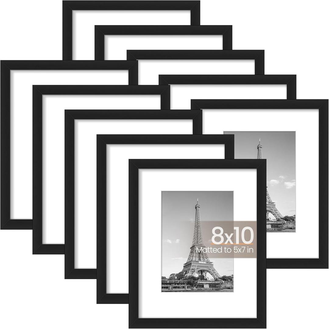 Upsimples 8x10 Picture Frame Set of 10, Display Pictures 5x7 with Mat or 8x10 Without, Multi Photo Frames Collage for Wall or Tabletop Display, Black