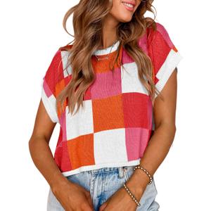 Saodimallsu Womens Cap Sleeve Crop Tops Summer Color Block Going Out Crew Neck Knit Trendy Casual Sweater (Orange, XL)