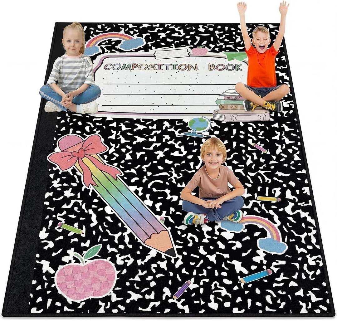 Teenyyou 5 x 7.6 ft Composition Notebook Classroom Rug School Style Classroom Carpet with Bow Pencil Book Club Educational Area Rug for Kid Playroom Carpet for Teaching and Playroom, 1'3" x 1'11"