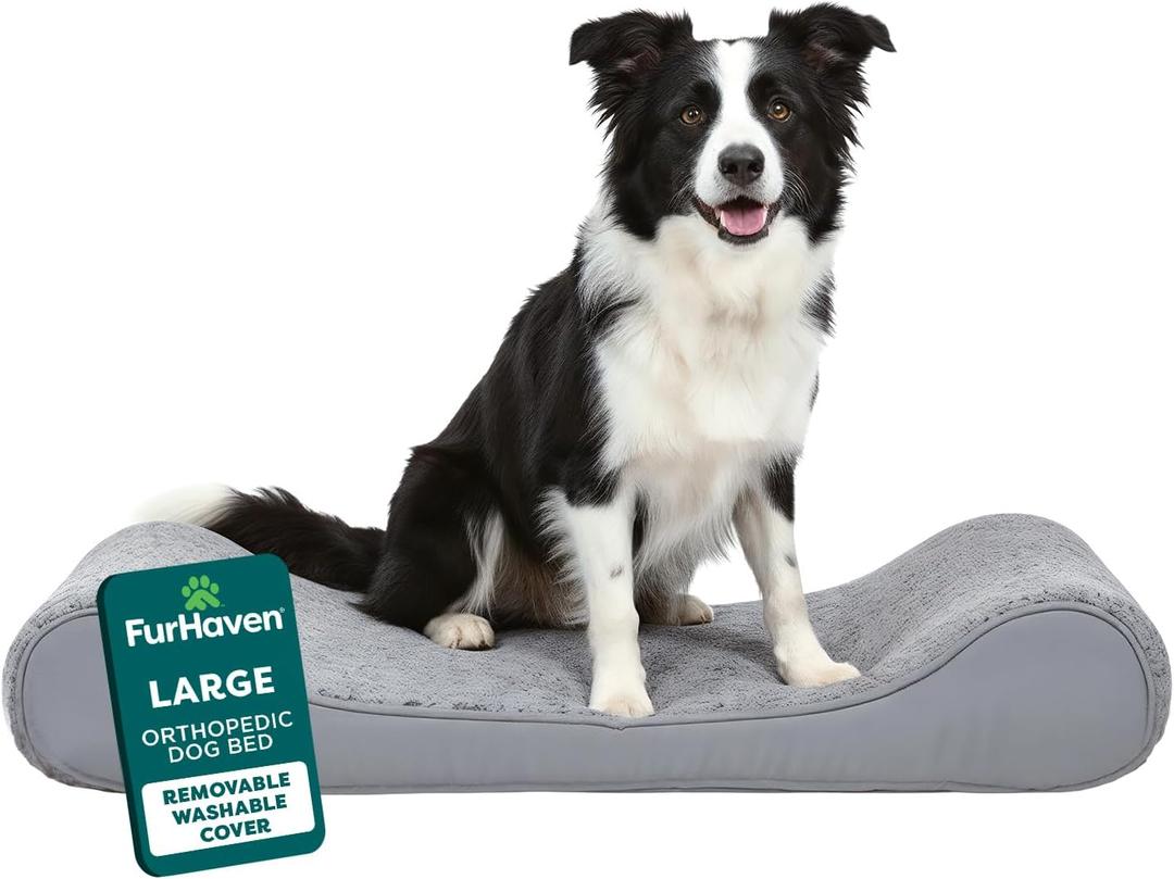 FurHaven Orthopedic Dog Bed for Large Dogs, Luxe Lounger Contour Mattress with Solid Orthopedic Foam Slab for Joint Support, Removable Washable Cover, Large, Plush Suede, Gray