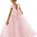 JISISANG Flower Girls Lace Cap Sleeve Dress for Wedding Puffy Tulle Back V-Neck Pageant Prom Ball Gown with Bow (4, Pink)