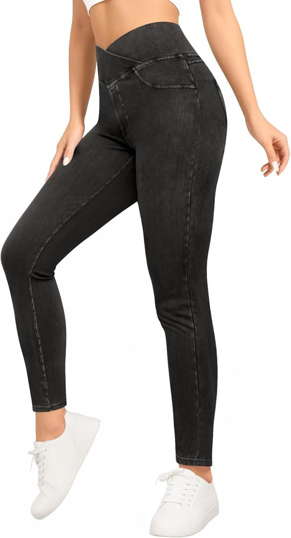 CLOZOZ Jeggings for Women High Waisted Stretchy Skinny Jeans V Cross Pull On Tummy Control Leggings with Back Pockets Denim Black, M