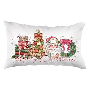 PQKIY Vintage Patchwork Merry Christmas Bow Pillow Cover 12x20，Preppy Rustic Xmas Tree Santa Wreath Hot Cocoa Holiday Lumbar Pillow Cases Cushion Covers for Girls Room Dorm Sofa Couch Living Room