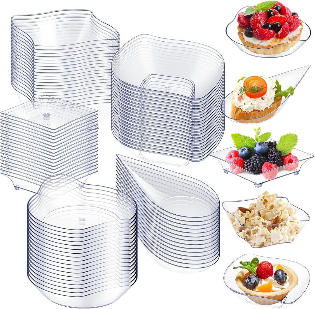 Tessco 100 Pcs Mini Dessert Plates Set, Disposable Appetizer Plates Assorted Shape Mini Plastic Spoons for Wedding Party Birthday(Clear)