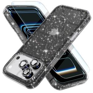 Choiche Compatible for iPhone 17 Pro Max Case, Women Cute Clear Glitter Bling Sparkly Case, [3 x Diamond Camera Lens Protectors] [2 x Tempered Glass Screen Protectors] 6.9-inch (Glitter Black)