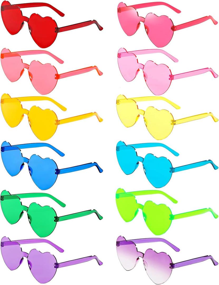 12 Pairs Heart Shaped Sunglasses Candy Color Rimless Fun Heart Glasses for Women Party Favors