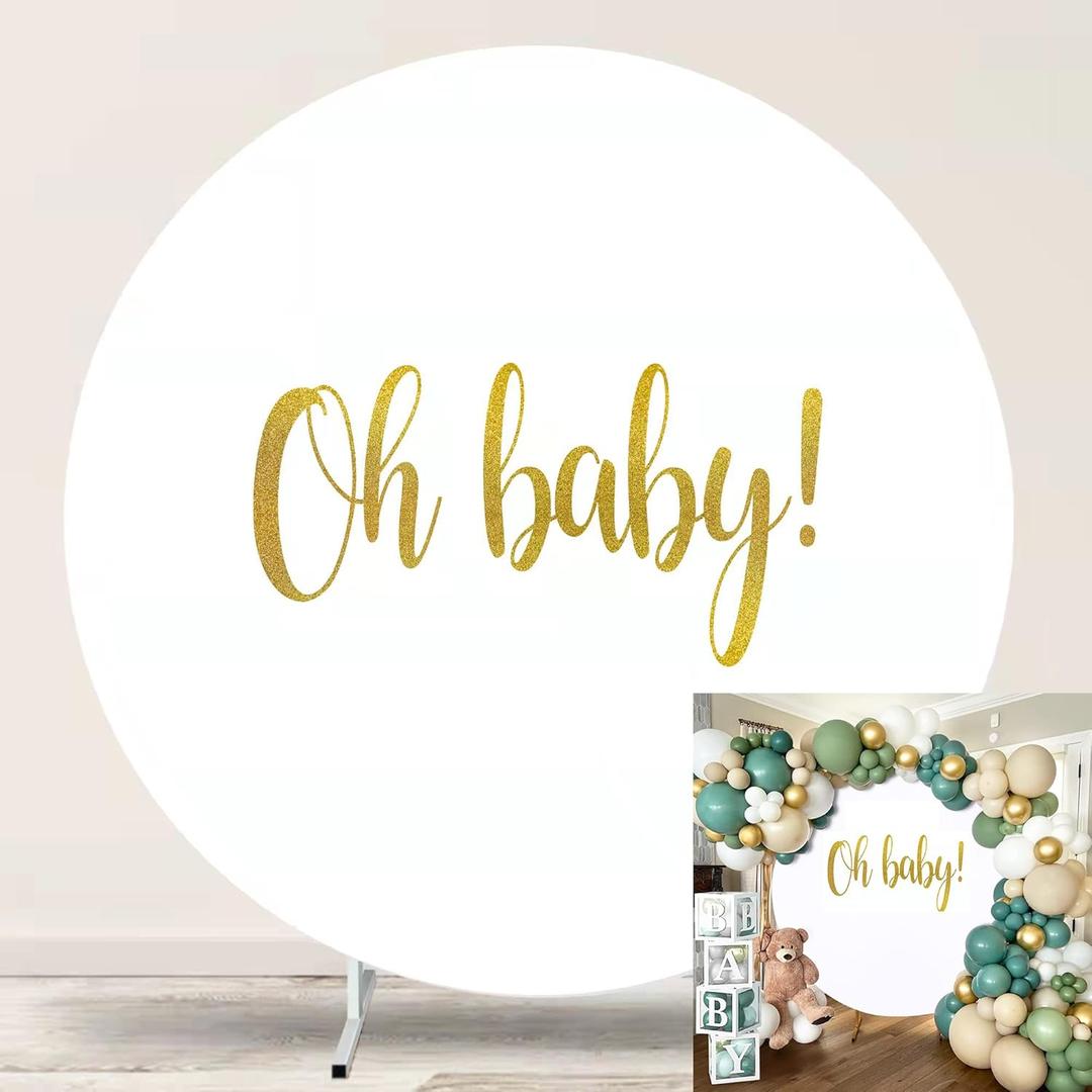Round Backdrop Cover Oh Baby 7.2ft,White Round Backdrop Cover Gold Oh Baby Sign for Photography Baby Shower,Birthday Party Decorations Gender Reveal Pregnancy Party Photo Studio Props
