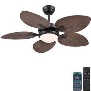 Ceiling Fans with Lights and Remote/APP Control, 44 Inch Tropical Palm Leaf Ceiling Fan with LED Lights, Outdoor Ceiling Fans for Patios Porch, Reversible Quiet Motor, Dimmable, Brown (44 Inch, Dark Brown)