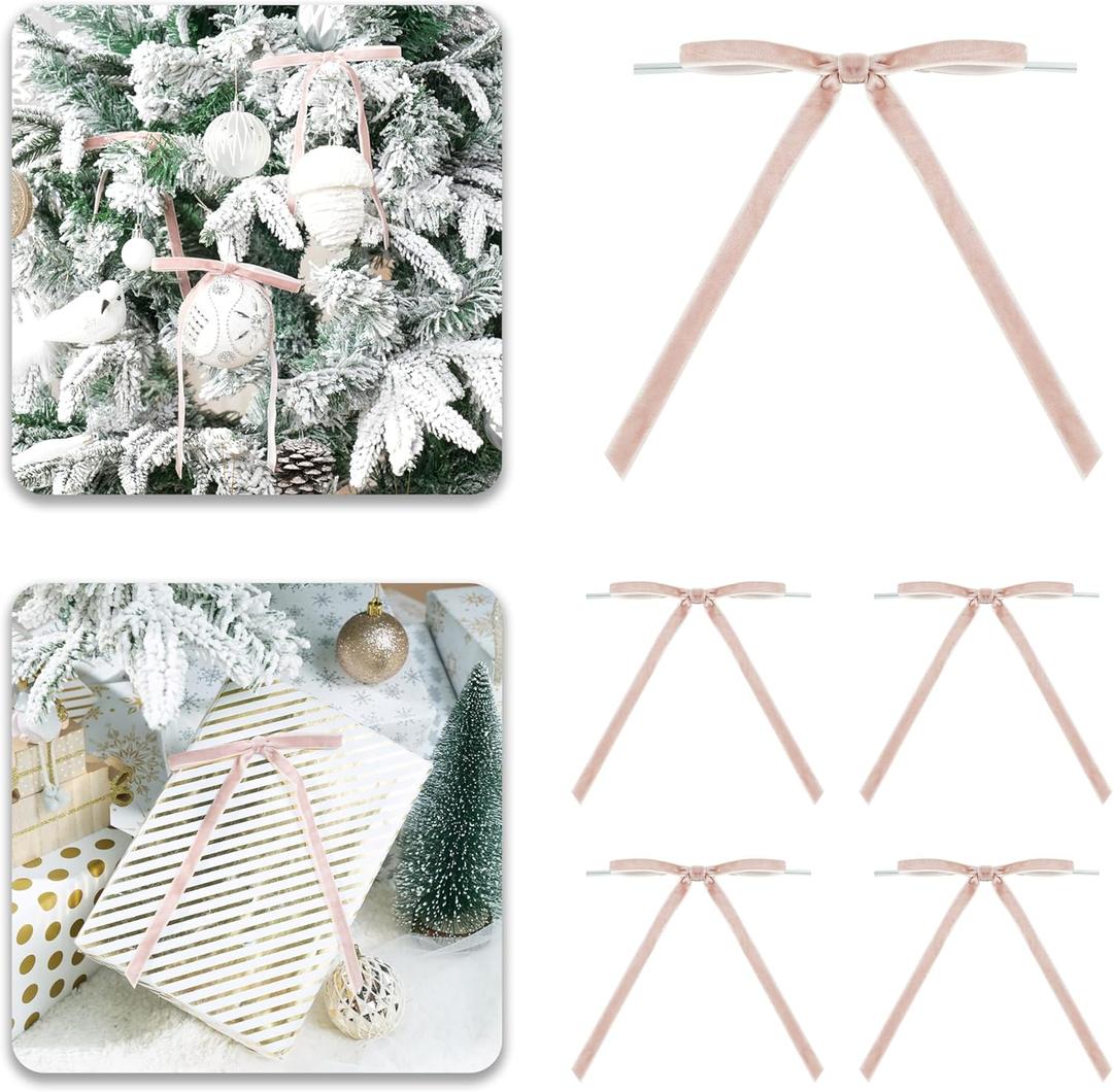 Dusty Rose Velvet Ribbon Christmas Bow 5 x 7 Inches Premade Dusty Pink Bows for Christmas Tree Hanging Decorations Gift Wrapping Wreaths Crafts Outdoor Indoor Home Decor Wedding, Pack of 24