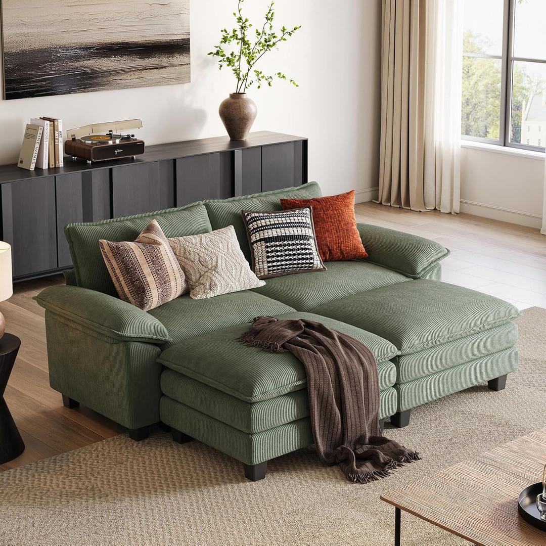 LINSY HOME 90" Modular Cloud Love Seat Sofa, Corduroy Soft Sectional Couch, Modern Comfy Love Seat with 2 Movable Ottoman, Perfect for Living Room, Apartment, Office, Green
