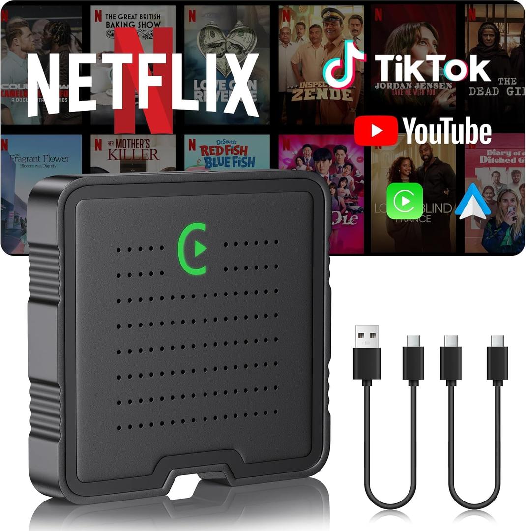 2-in-1 Wireless CarPlay Adapter for Streaming Netflix/YouTube/TikTok/TF Card, 2025 Magic Video AI Box & Android Auto Dongle, Plug & Play, Fit with iPhone 8+/iOS10+/Android 11+