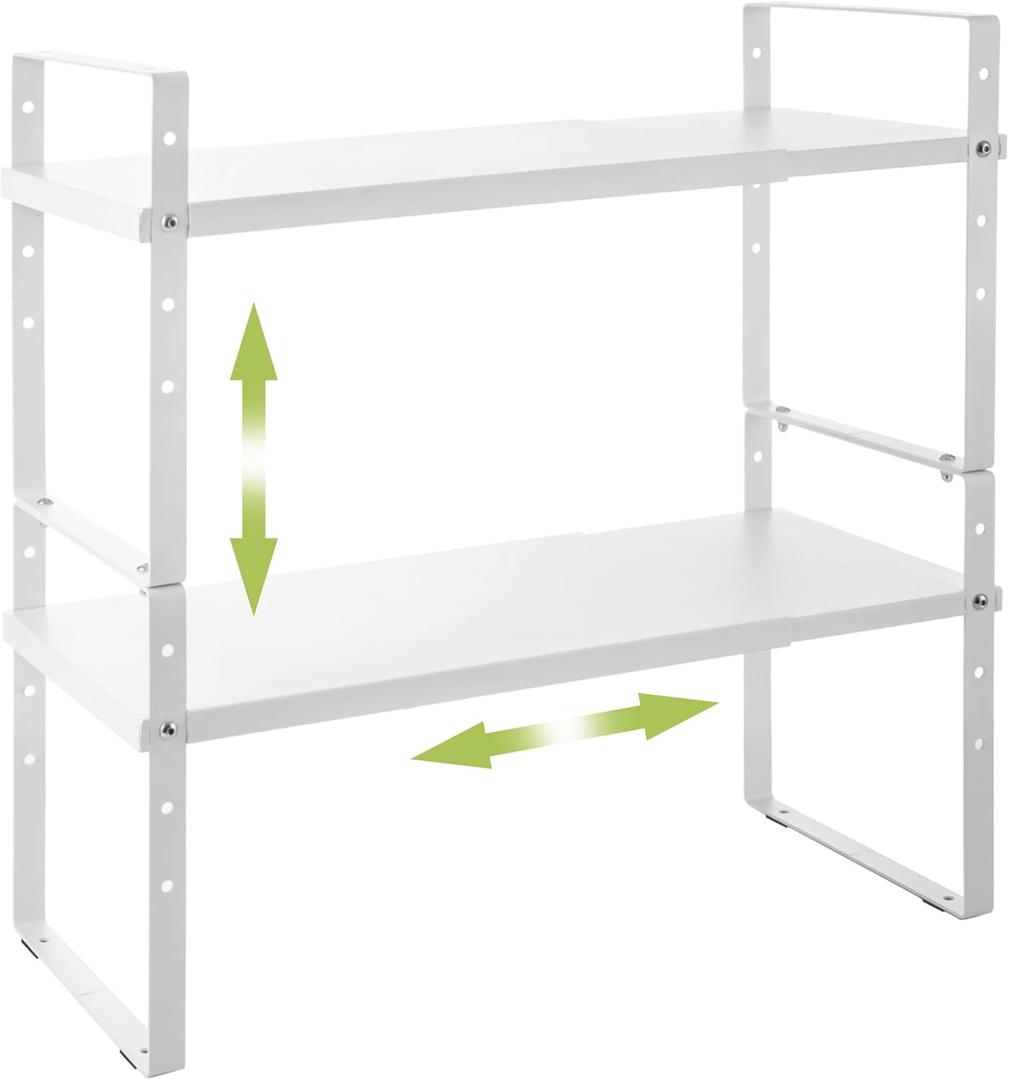 Expandable Cabinet Shelf Organizer Rack, Stackable Kitchen Counter Storage Shelves Stand, Adjustable Height Pantry Shelf Spice Rack (White, 2 Pack) (8.7''D*15.7-25.6''W*9.8''H)