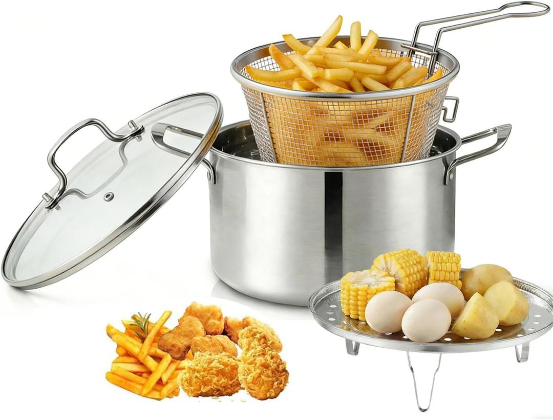 6L/6.4QT Deep Fryer Pot with Basket and Steamer Rack, Stainless Steel Stock Pot for Pasta, Soup, Spaghetti, Chicken, Cookware for Frying, Canning, Boiling, Simmering, Compatible with All Stove
