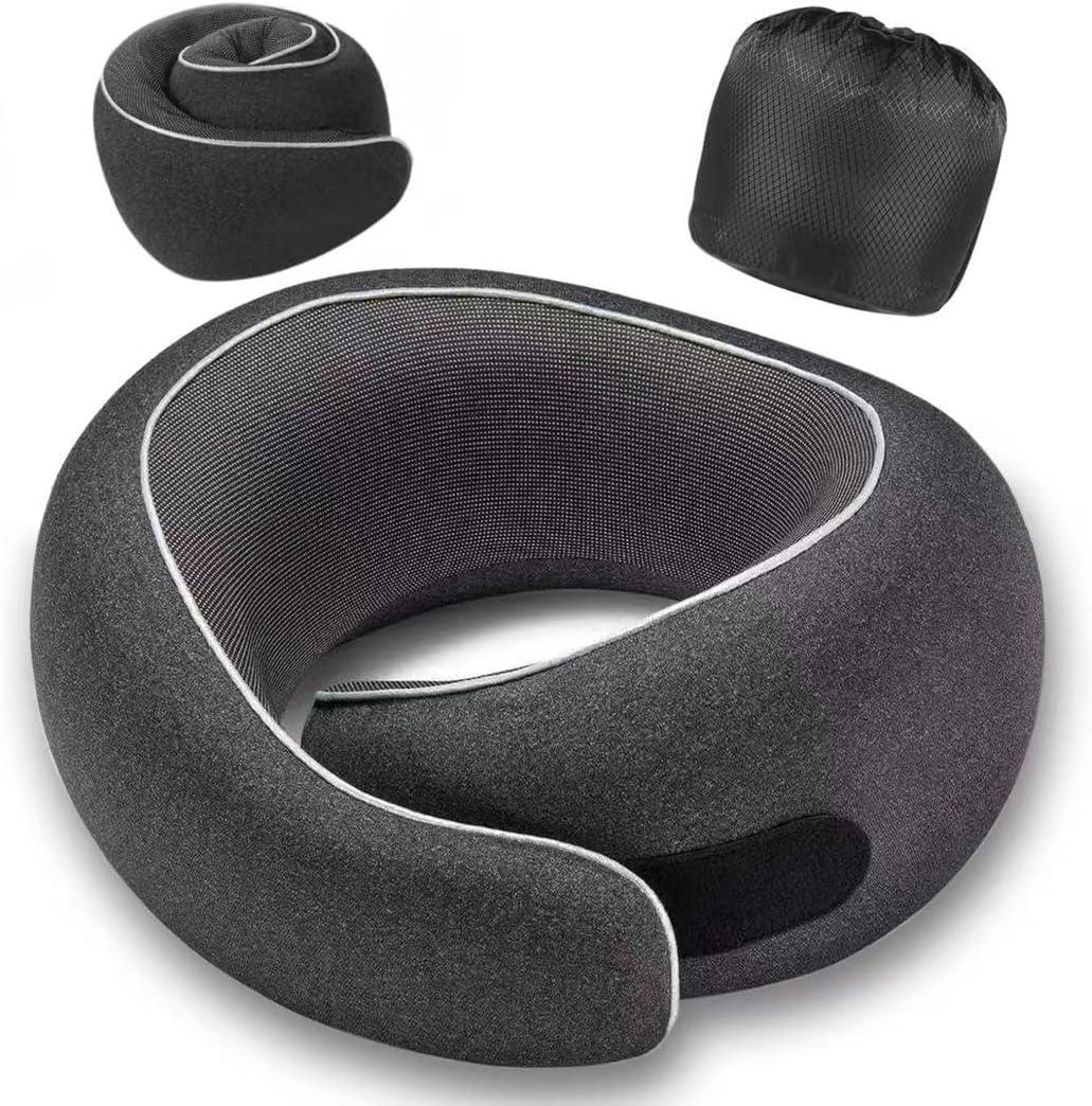 Optixion Travel Neck Pillow for Airplanes, Premium Memory Foam Neck Pillow with Ergonomic 360 Support, Travel Essentials for Plane, Car, Train and Home, Max Black