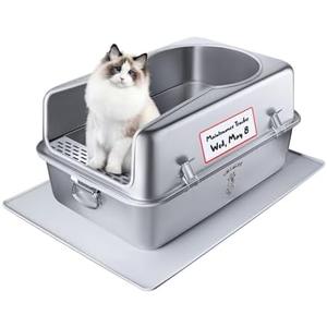 Sollulife XL Metal Cat Litter Box with Lid – NonStick, Odor Control, Stainless Steel, RustResistant, HighSided – Easy to Clean with Handles, NoSlip Base, LeakProof Seal, 5 Clips, Cleaning Tracker