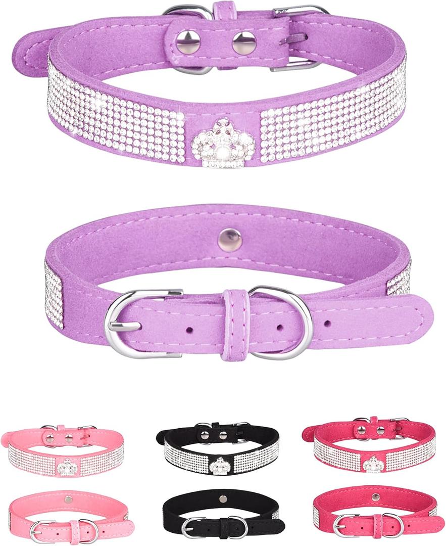 Bling Dog Collar for Small Medium Large Dogs, Crown Rhinestone Dog Collars for Girl and boy Dog, Diamond Puppy Collars, Adjustable Leather Suede SOFE Cat Collar (L(15"-18.1"/38CM-46CM), Purple)