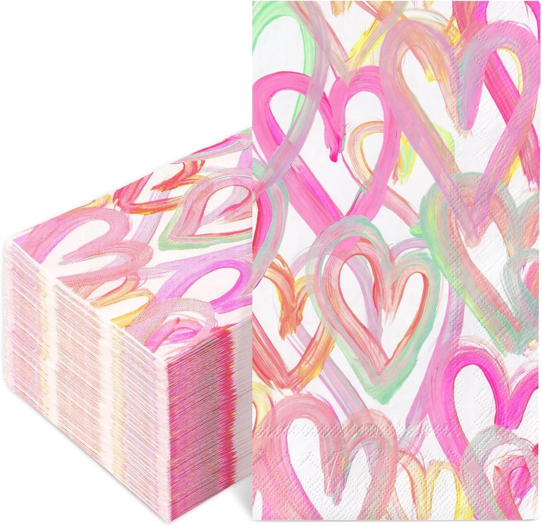 JarThenaAMCS 100Pcs Valentine's Day Paper Guest Napkin Colorful Heart Bathroom Napkin Decorative Disposable Hand Towel Napkin For Home Party Supplies