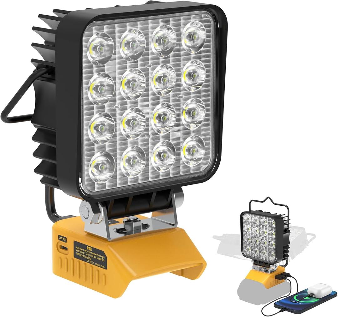 4800LM LED Work Light Compatible with Dewalt 20V Battery, 48W Cordless Floodlight with 2 USB, 1 Type-C Port, Upgraded LED Light Low Voltage Protection for Camping, Workshop, Emergency Adjustable 140