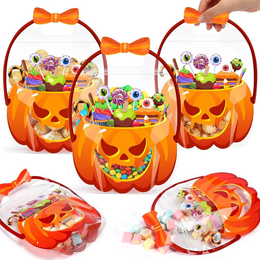 Fuutreo 50 Pcs Thanksgiving Bags Plastic Thanksgiving Goodie Bags with Handles Fall Sealed Pouch Sealing Pumpkin Treat Candy Pouch for Fall Harvest Party Candy Gift Supplies Decoration(Pumpkin)