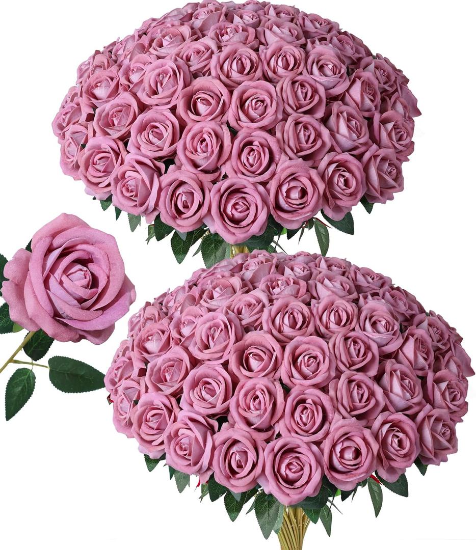 50 PCS Dusty Roses Artificial Flowers, Fake Roses with Stem Realistic Silk Roses for DIY Wedding Bouquets Tables Centerpieces Arrangements Baby Shower Birthday Home Decor Valentine's Day Gift for Her
