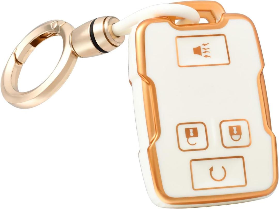 for GMC key fob cover with Keychain, Soft TPU Key Fob Case Fit for Chevrolet Chevy Colorado Silverado Suburban Tahoe GMC Canyon Sierra 1500 2500 3500 HD Key Accessories (Gold White)