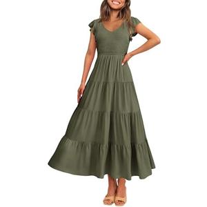 PRETTYGARDEN Women's Summer Flowy Maxi Dress Casual Cap Sleeve V Neck Smocked Beach Sundress size L