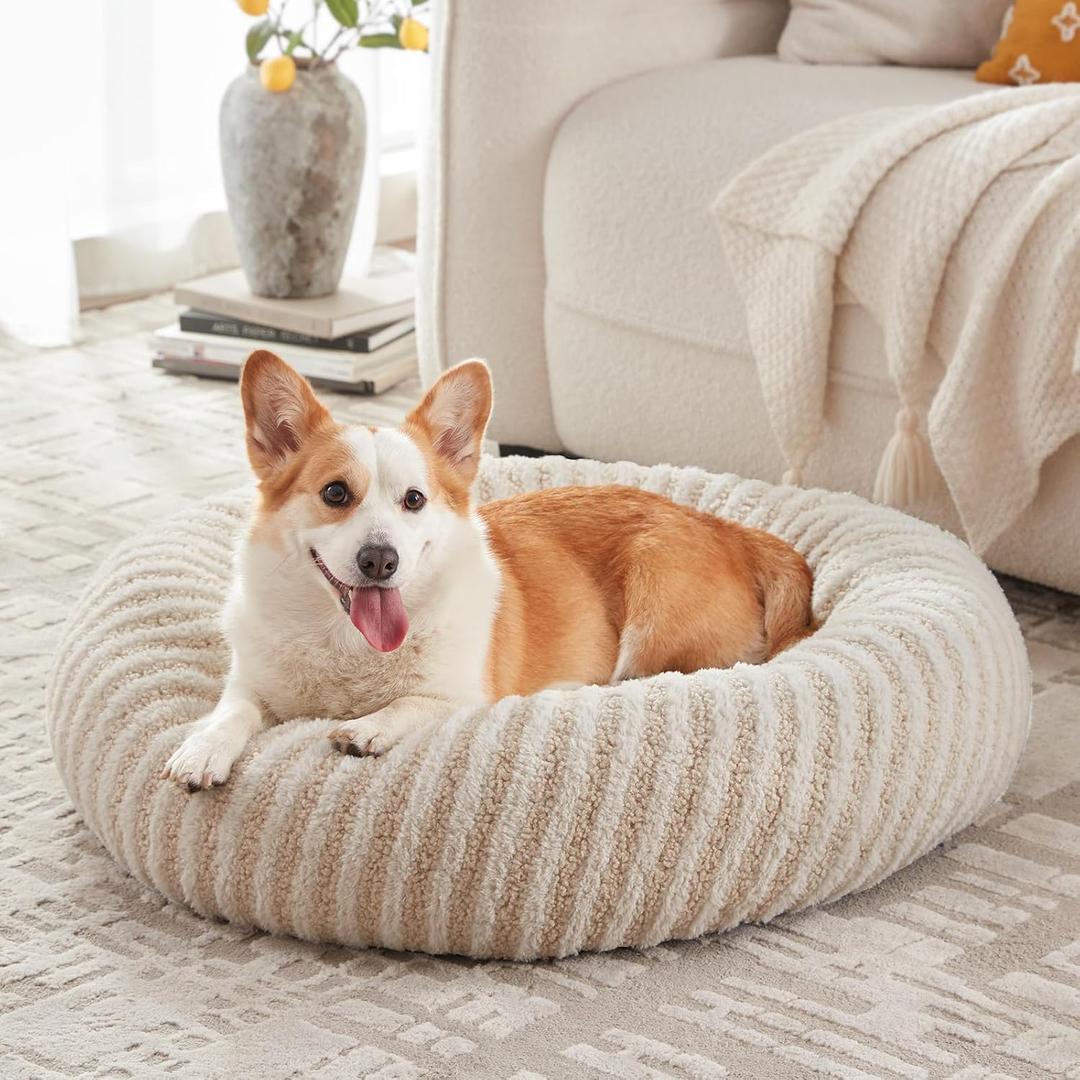 MIXJOY Dog Bed Medium Size Dogs, Washable Medium Dogs Bed with Removable Cover, Cozy Donut Dog Ded Fluffy Plush Faux Fur Pet Bed with Anti-Slip Bottom, 30"x30"x8", White