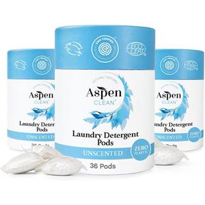 Unscented Laundry Pods by AspenClean, New and Improved Packaging, Zero Plastic, Non-Bio, Vegan, Hypoallergenic Natural Laundry Detergent, EWG Verified - 36 Count (3 Pack)