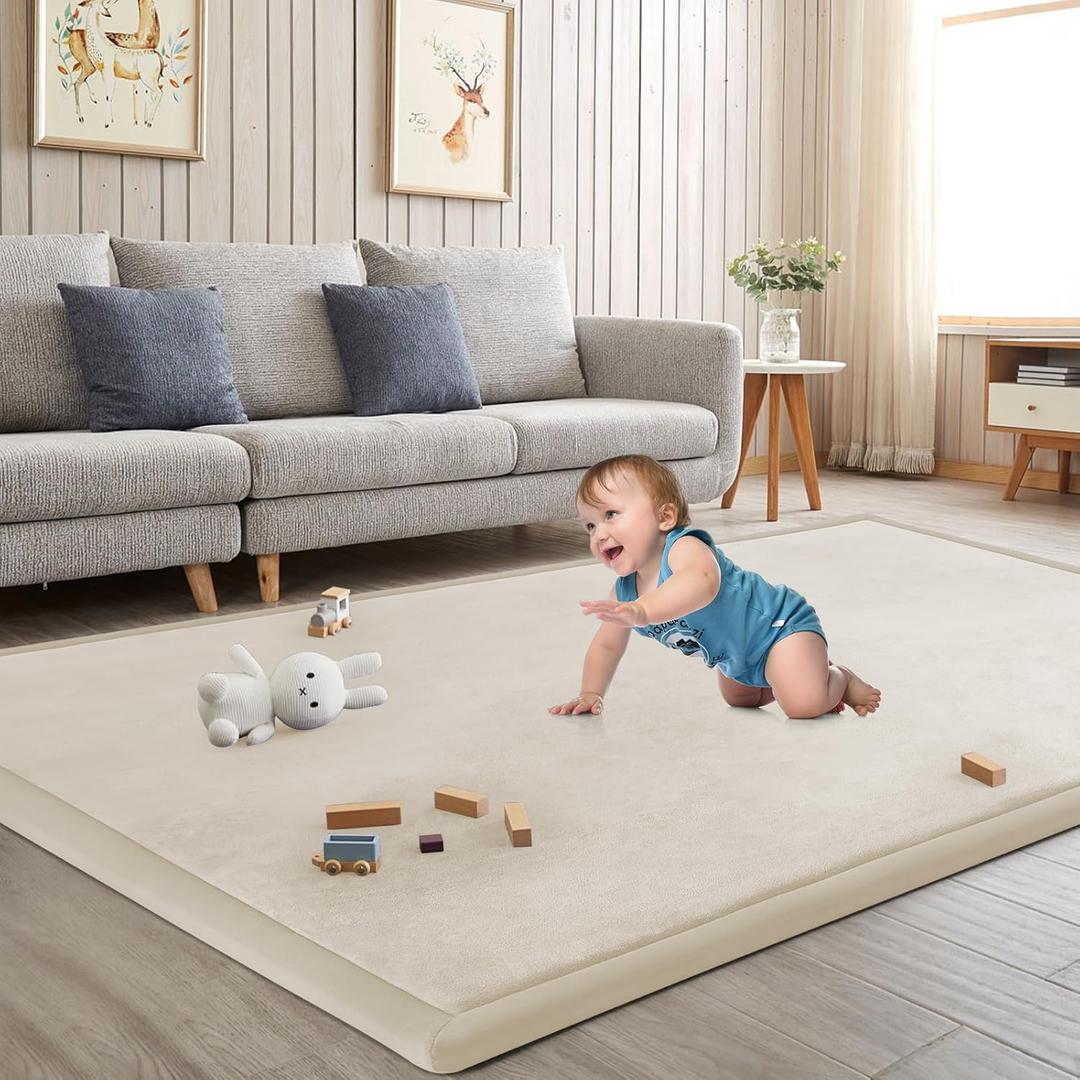 ILPEOD Baby Play Mat for Floor Tummy Time Mat Nursery Muscle Area Rug Playroom Rug Tatami 59"*71" Memory Foam 1.3" Thick Crawling For Babies, Toddlers, Infants, Kids, Floor(Beige)